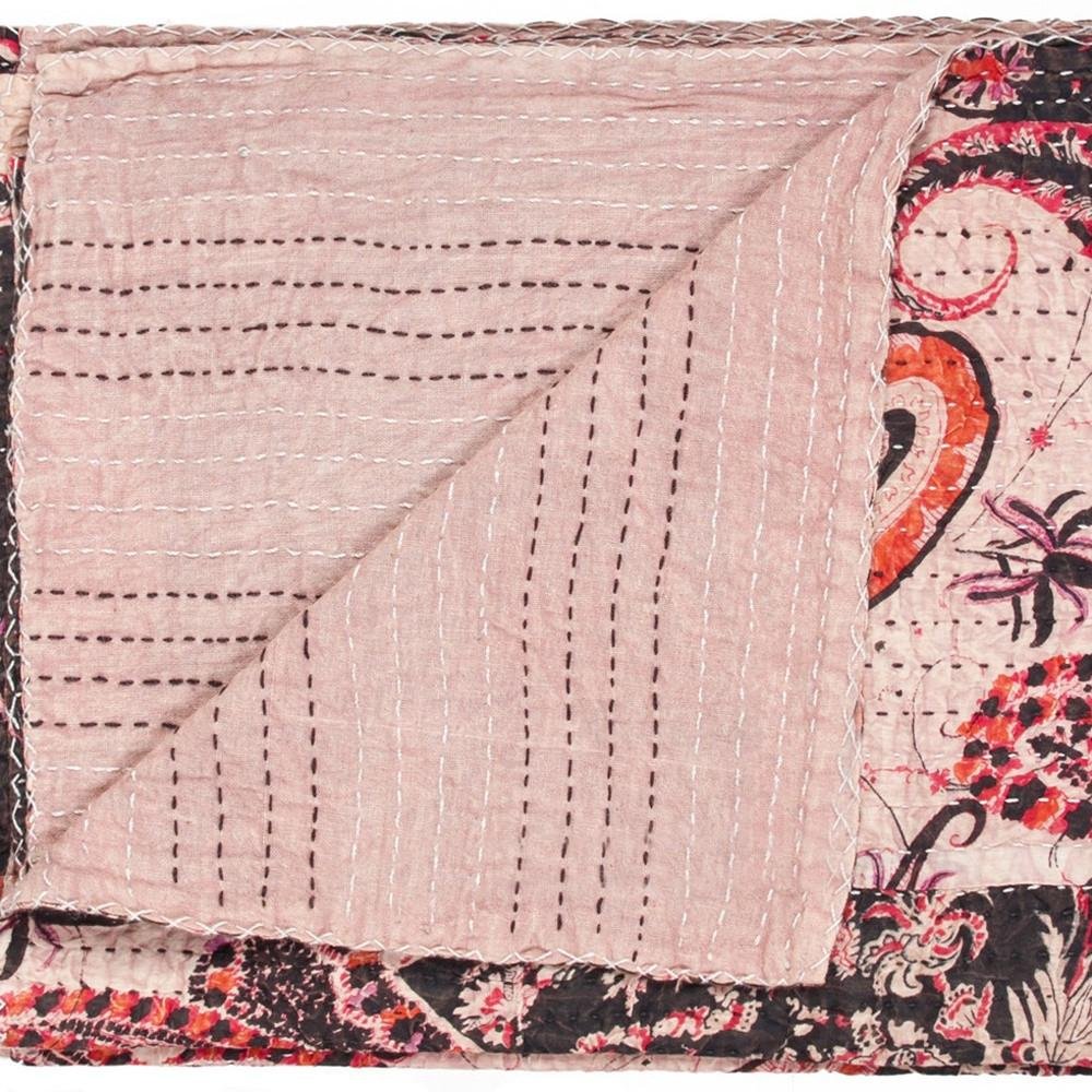 50" X 70" Pink Gray and Blue Kantha Cotton Floral Throw Blanket with Embroidery