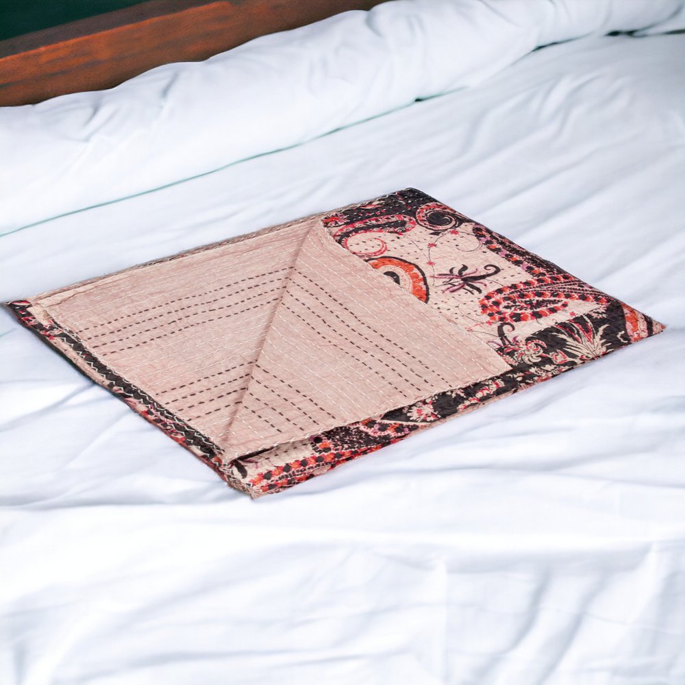 50" X 70" Pink Gray and Blue Kantha Cotton Floral Throw Blanket with Embroidery