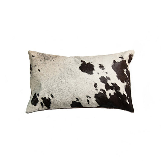 12" X 20" Chocolate And White Abstract Spots Cowhide Throw Pillow