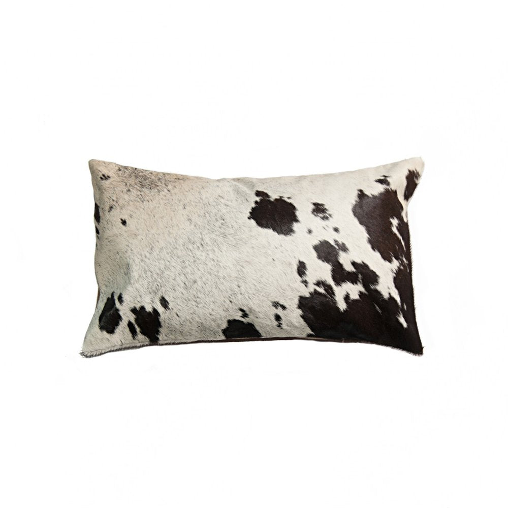 12" X 20" Chocolate And White Abstract Spots Cowhide Throw Pillow