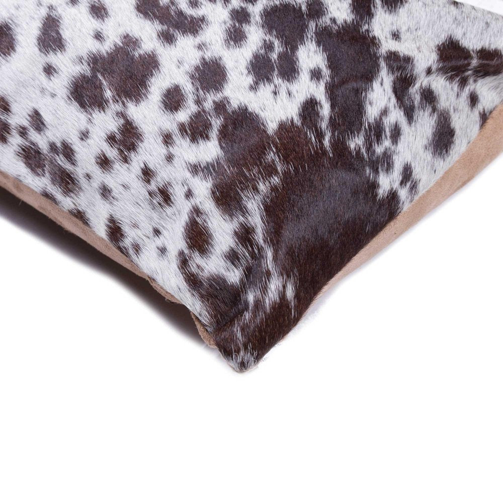12" X 20" Chocolate And White Abstract Spots Cowhide Throw Pillow