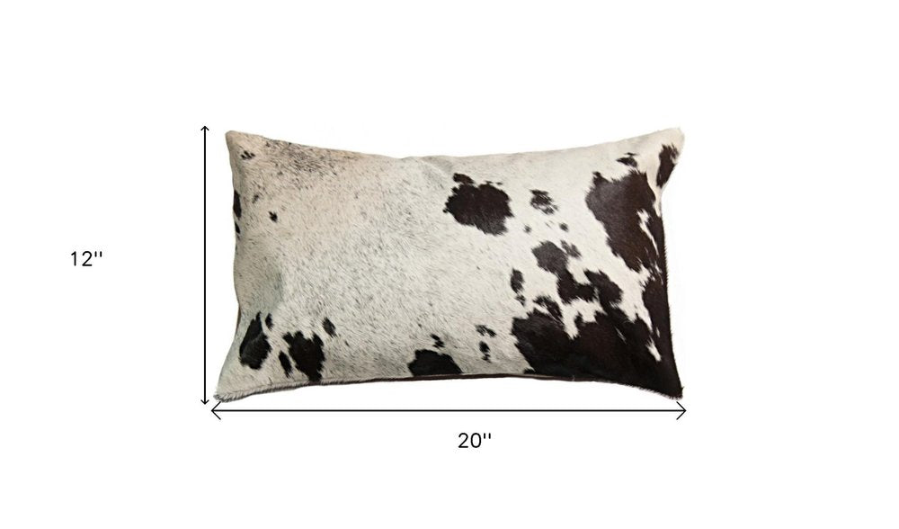12" X 20" Chocolate And White Abstract Spots Cowhide Throw Pillow