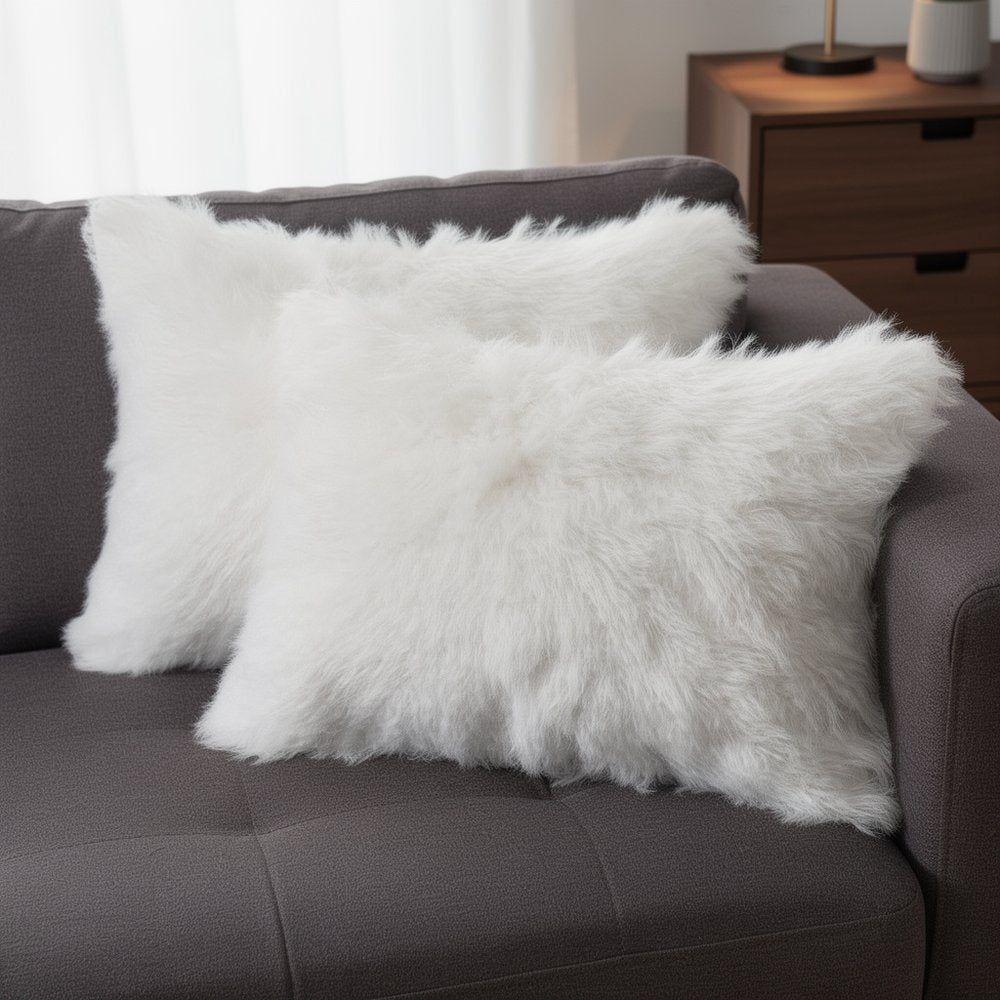 Set of Two 12" X 20" Off White Faux Fur Throw Pillow