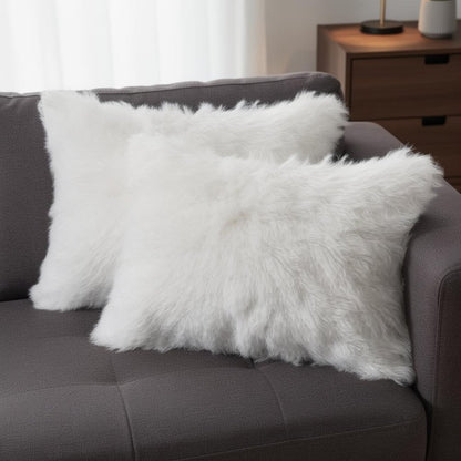 Set of Two 12" X 20" Off White Faux Fur Throw Pillow