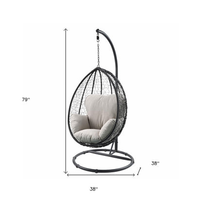 38" White Metal Swing Chair With Green Cushion