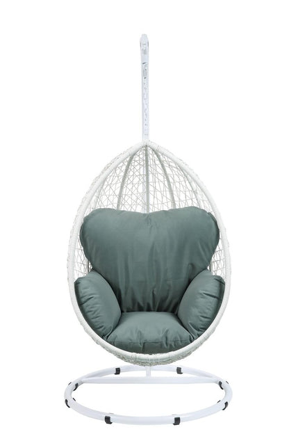 38" White Metal Swing Chair With Green Cushion