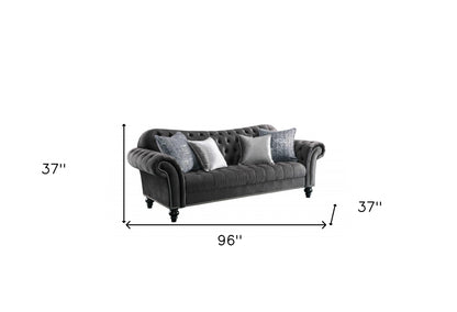 96" Dark Gray Velvet Chesterfield Sofa And Toss Pillows With Black Legs