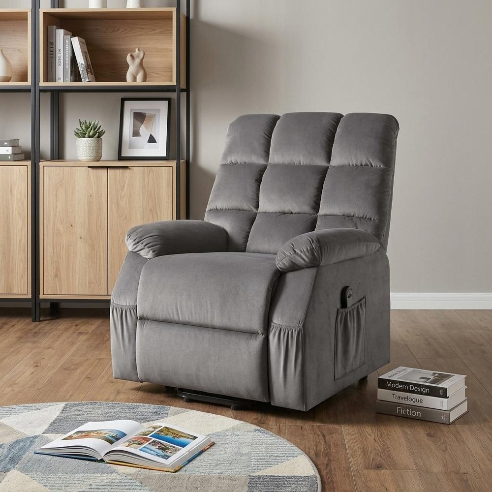 34" Gray Velvet Heated Massage Lift Assist Power Recliner