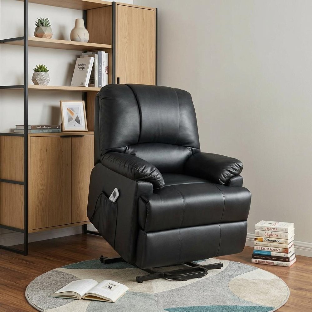 34" Black Faux Leather Power Massage Lift Assist Recliner