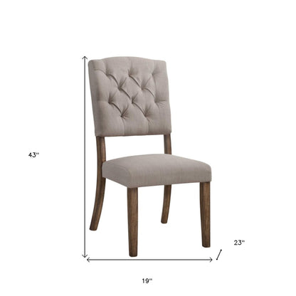 Set of Two Tufted Cream and Brown Upholstered Linen Open Back Dining Side Chairs