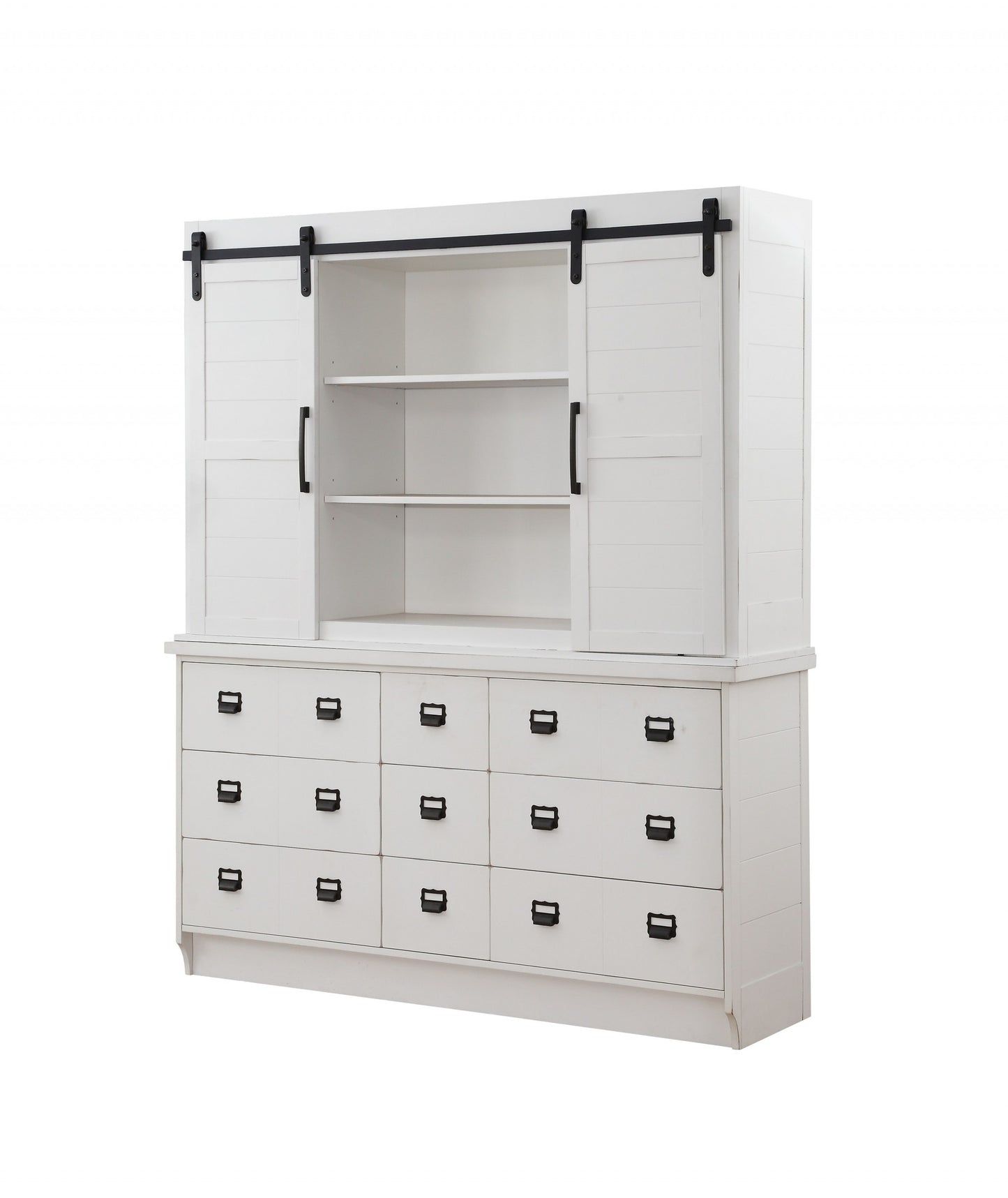 68" White Wood Nine Drawer Dining Hutch with Two Sliding Doors