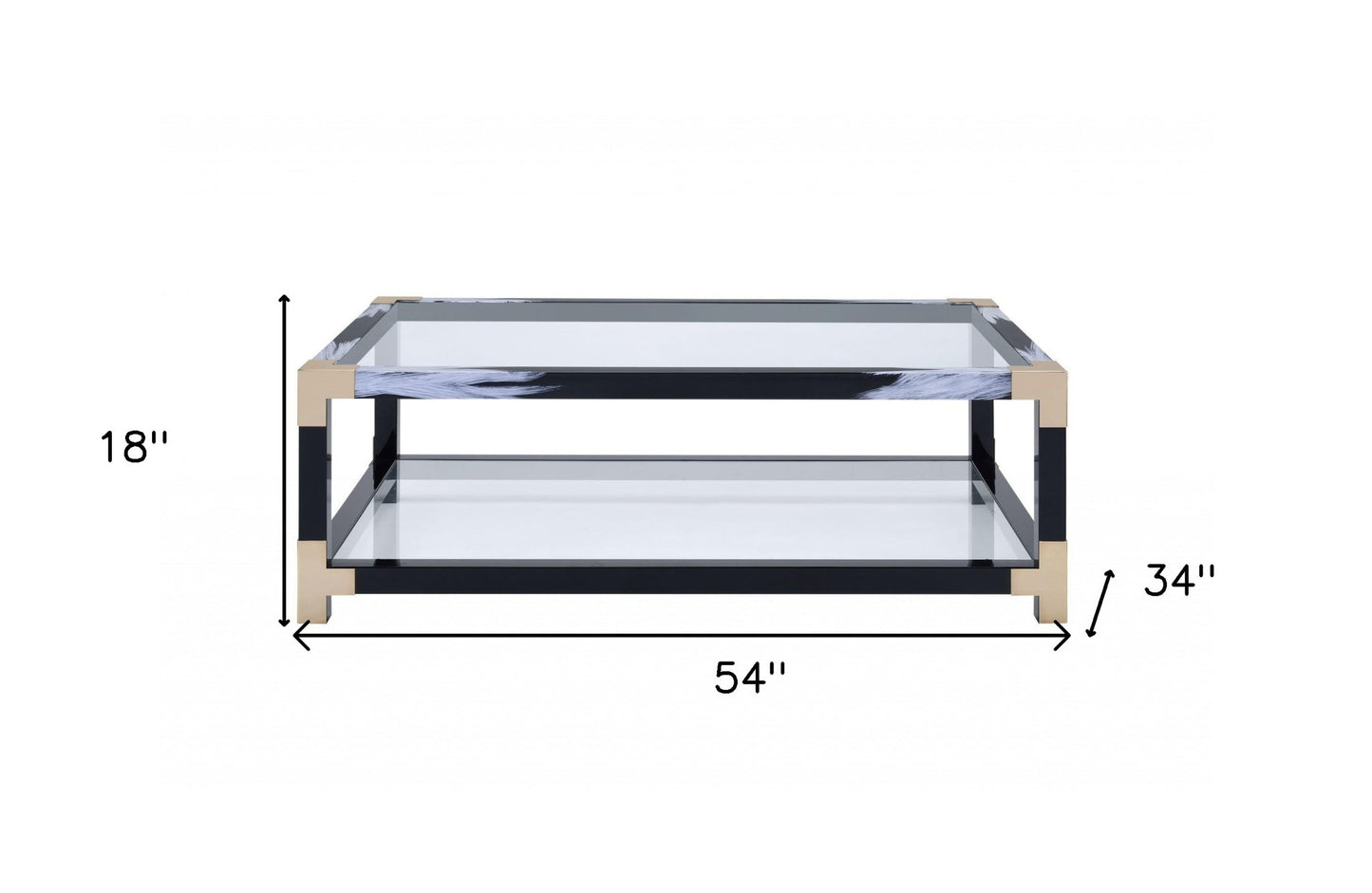 54" Clear And Black and White Glass And Metal Coffee Table With Shelf