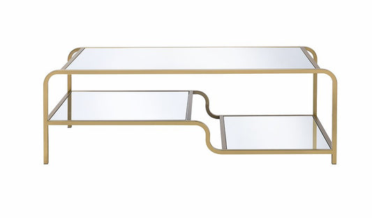 52" Clear and Gold Mirrored Glass And Iron Coffee Table With Shelf