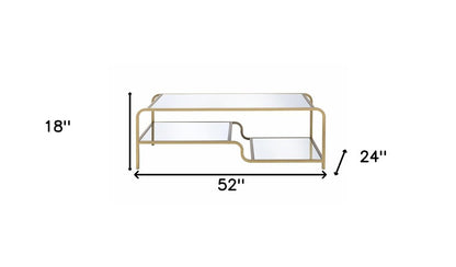 52" Clear and Gold Mirrored Glass And Iron Coffee Table With Shelf