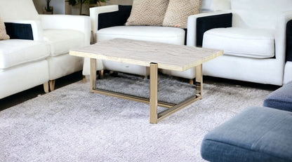43" White and Gold Faux Marble And Iron Frame Coffee Table