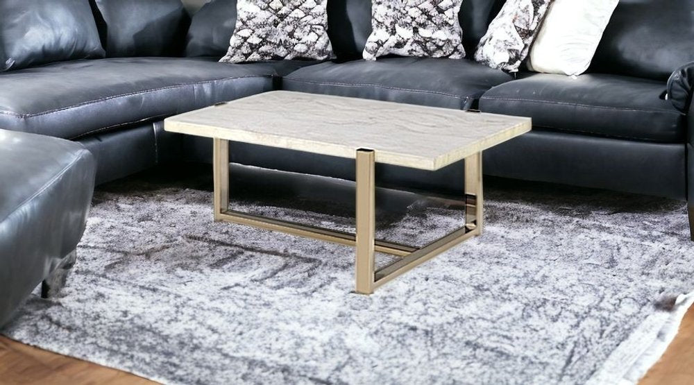 43" White and Gold Faux Marble And Iron Frame Coffee Table