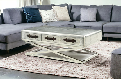 51" Silver Aluminum Coffee Table With Three Drawers