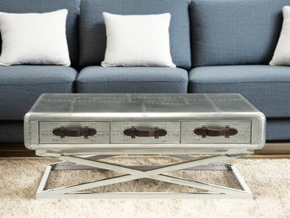 51" Silver Aluminum Trestle Coffee Table With Three Drawers