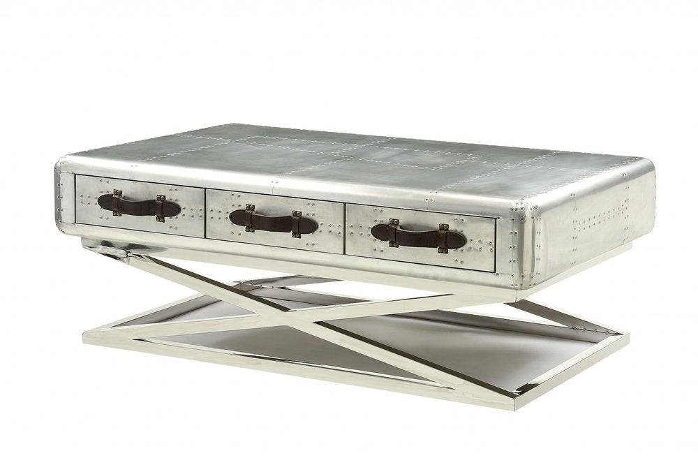51" Silver Aluminum Trestle Coffee Table With Three Drawers