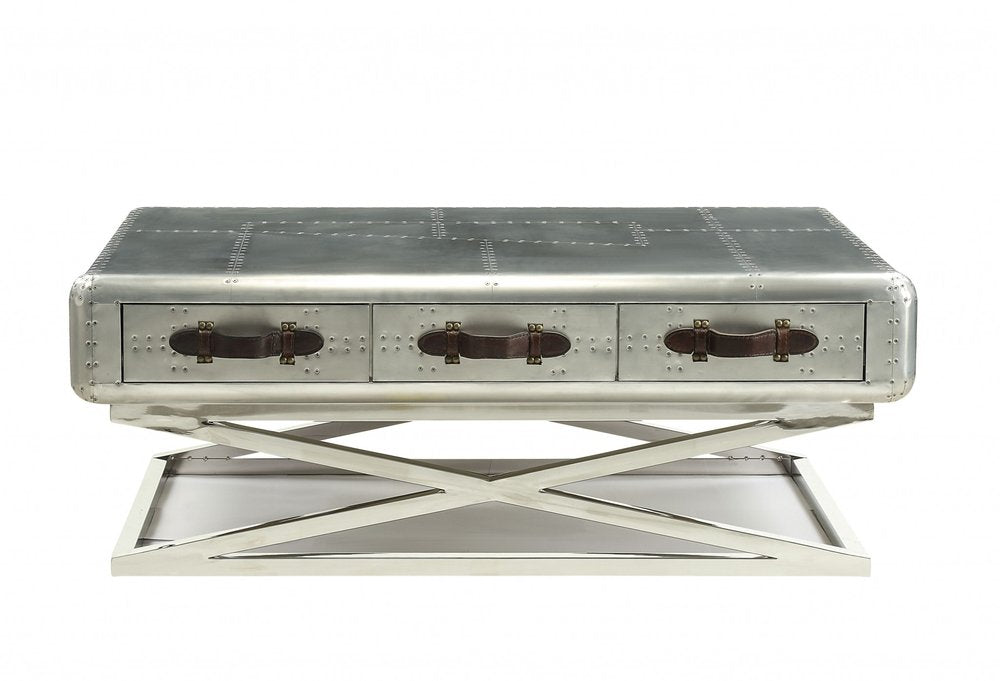 51" Silver Aluminum Trestle Coffee Table With Three Drawers