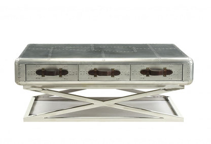 51" Silver Aluminum Trestle Coffee Table With Three Drawers