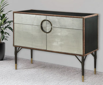 52" Brown Silver and Black Leather And Aluminum Console Table With Two Drawers