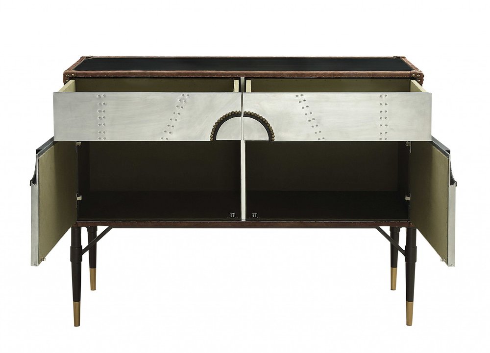 52" Brown Silver and Black Leather And Aluminum Console Table With Two Drawers