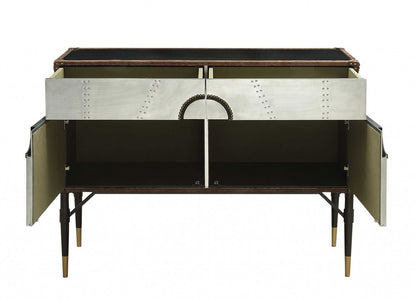 52" Brown Silver and Black Leather And Aluminum Console Table With Two Drawers