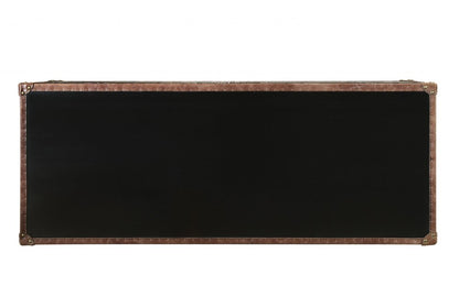 52" Brown Silver and Black Leather And Aluminum Console Table With Two Drawers