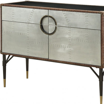 52" Brown Silver and Black Leather And Aluminum Console Table With Two Drawers