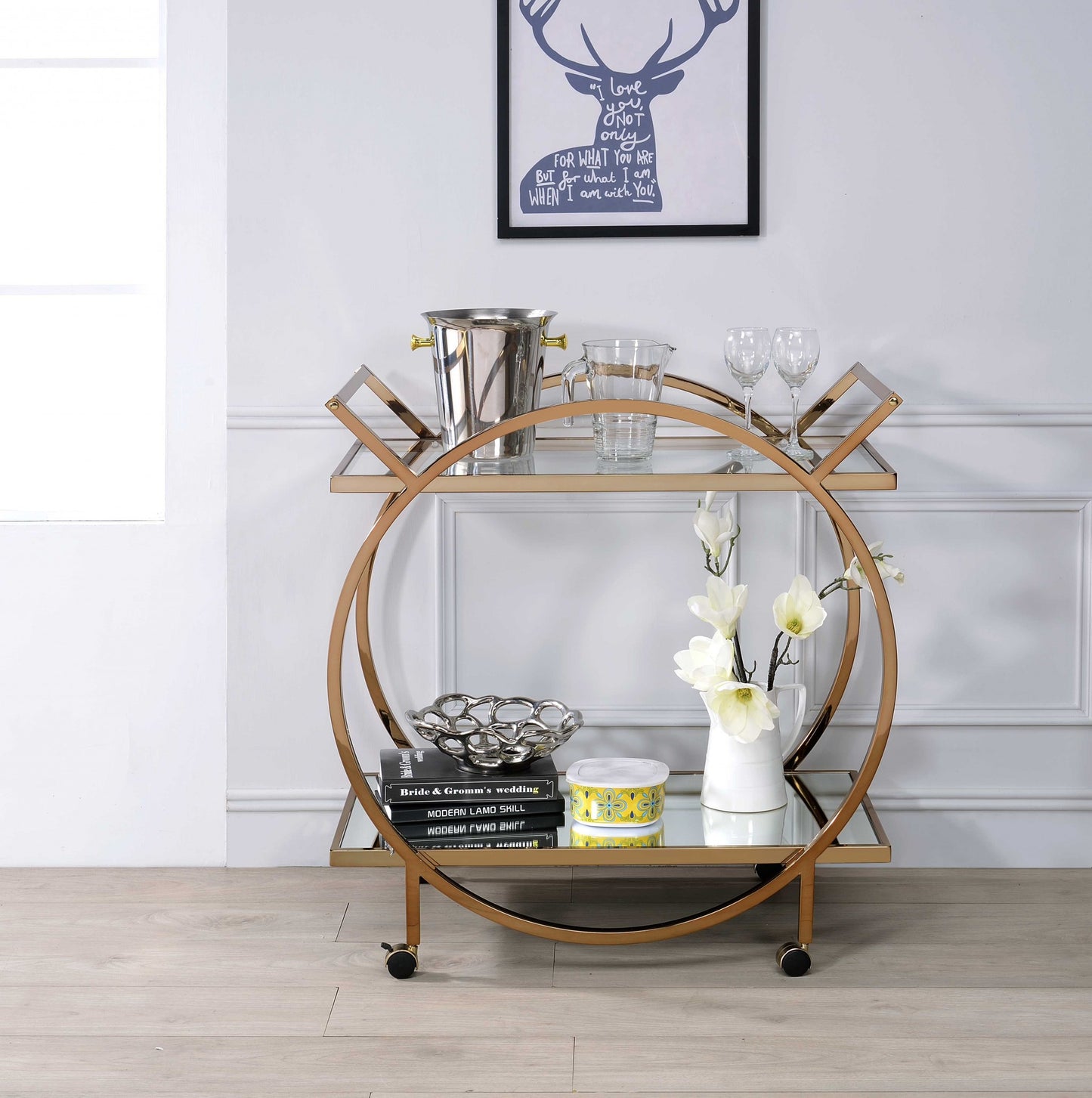 33" X 19" X 35" Champagne Metal Tube Serving Cart