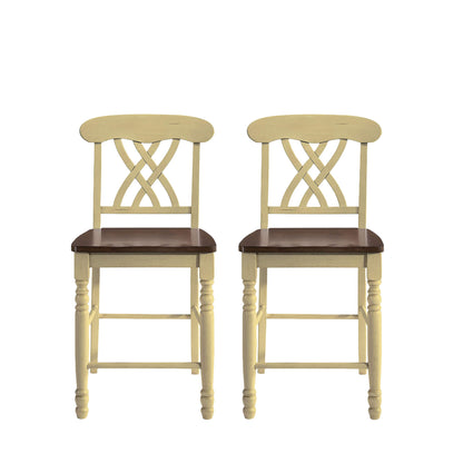 Set of Two 41" Brown And Beige Solid Wood Counter Height Bar Chairs