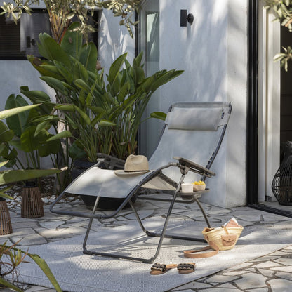 30" Light Gray and Chrome Steel Outdoor Zero Gravity Chair with Light Gray Cushion