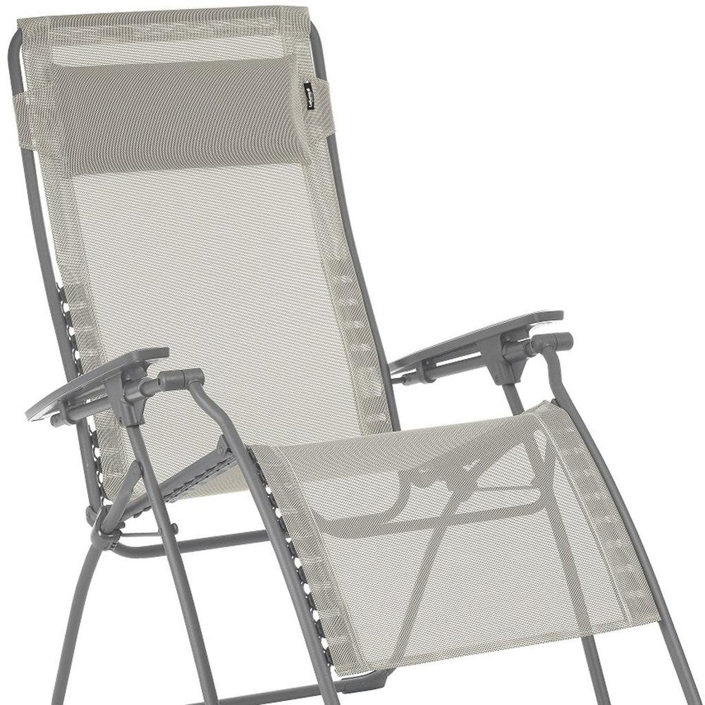 30" Light Gray and Chrome Steel Outdoor Zero Gravity Chair with Light Gray Cushion