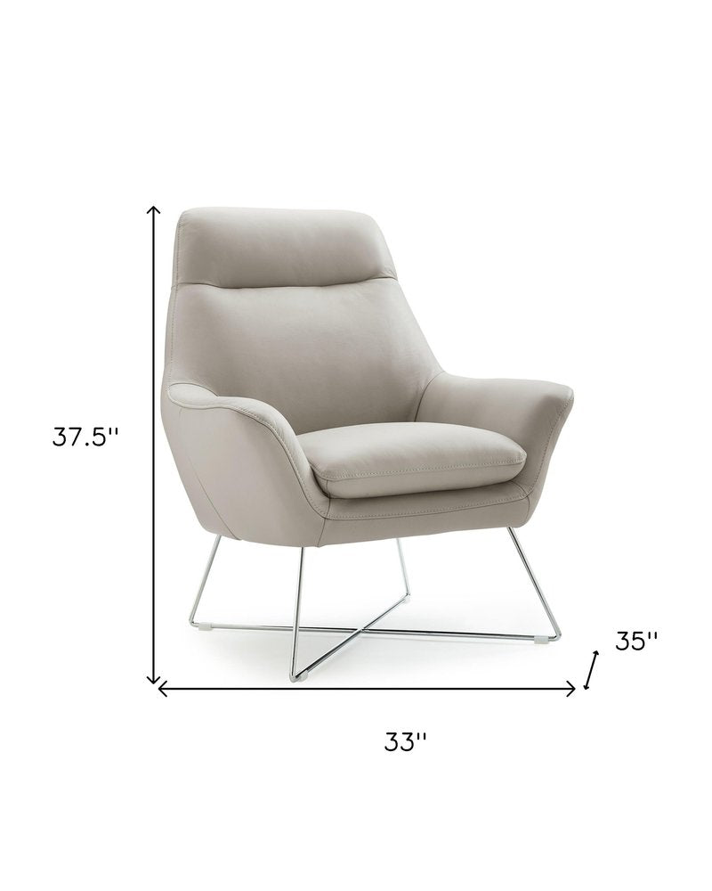 33" Light Gray and Silver Italian Leather Tufted Arm Chair