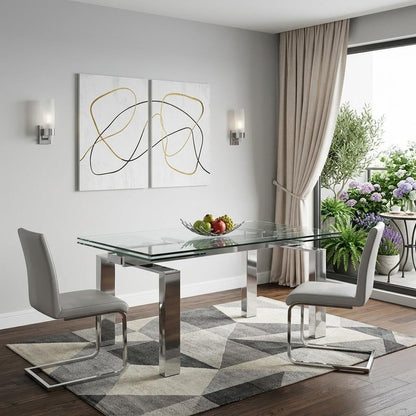 63" Clear and Silver Glass and Stainless Steel Self-Storing Leaf Dining Table