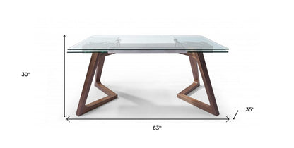 63" Clear and Brown Glass and Solid Wood Self-Storing Leaf Dining Table
