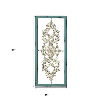 36" Teal and White Wood and Metal Distressed Panel Wall Decor