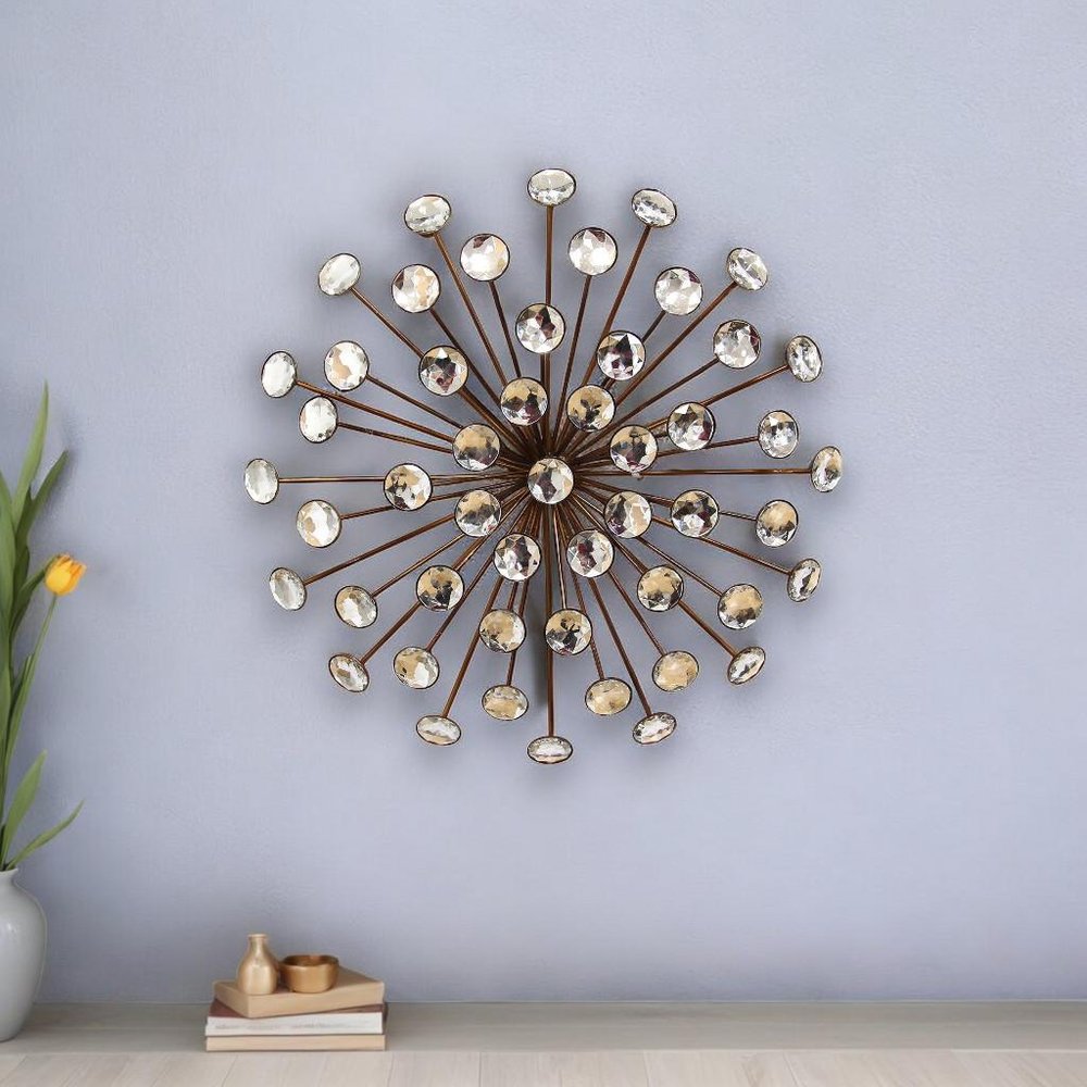 16" X 16" Gold And Clear Abstract Metal Sunburst Hanging Dimensional Sculpture