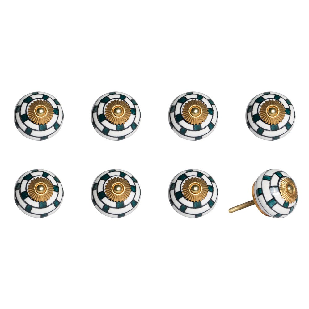 Set of Eight Green White And Gold Geometric Ceramic Drawer Pull Knobs