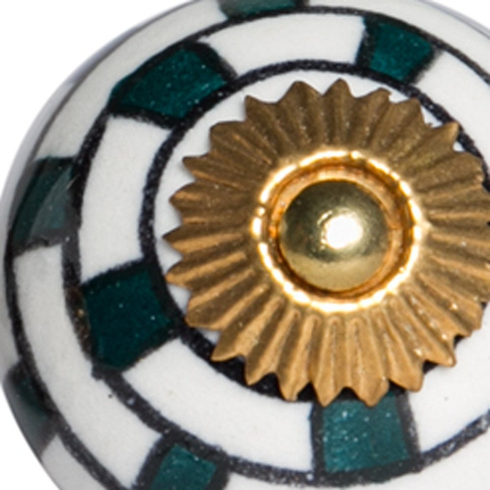 Set of Eight Green White And Gold Geometric Ceramic Drawer Pull Knobs