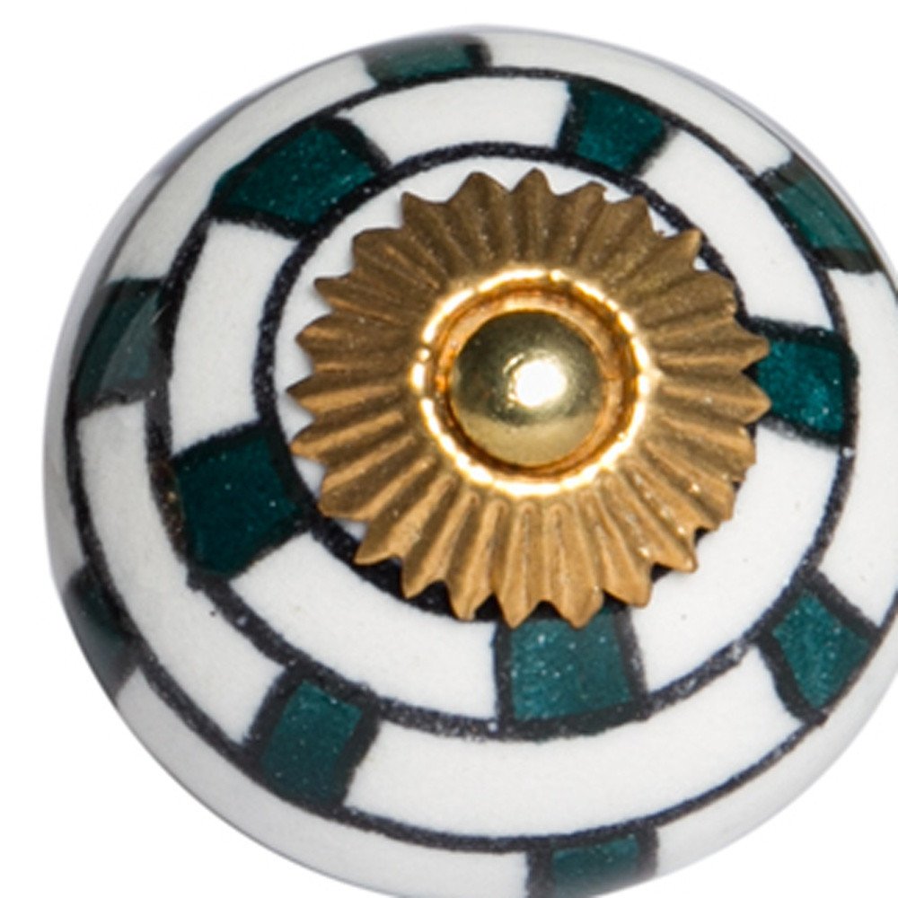 Set of Eight Green White And Gold Geometric Ceramic Drawer Pull Knobs