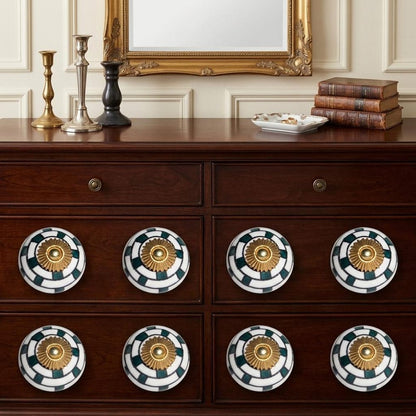 Set of Eight Green White And Gold Geometric Ceramic Drawer Pull Knobs