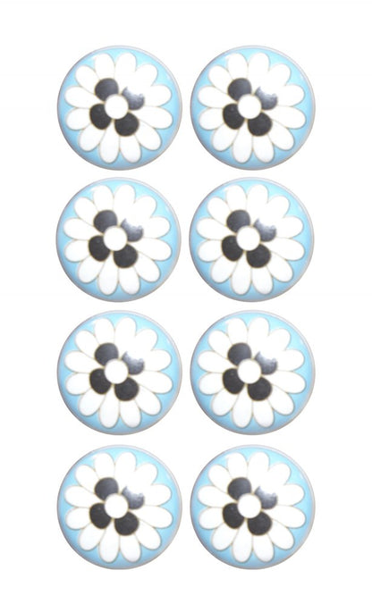 Set of Eight Blue White And Black Floral Ceramic Drawer Pull Knobs