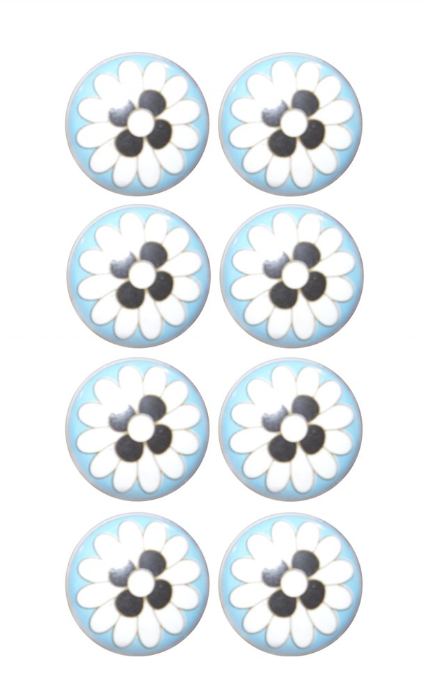 Set of Eight Blue White And Black Floral Ceramic Drawer Pull Knobs