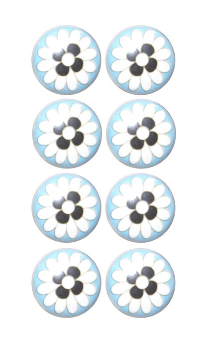 Set of Eight Blue White And Black Floral Ceramic Drawer Pull Knobs
