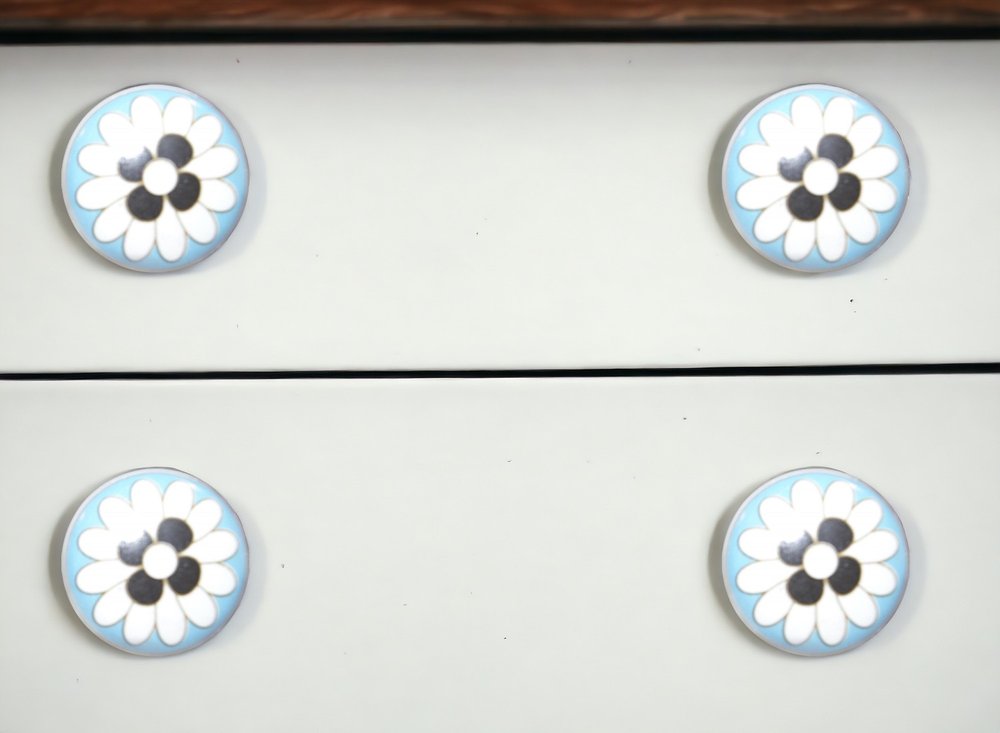 Set of Eight Blue White And Black Floral Ceramic Drawer Pull Knobs
