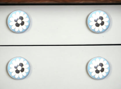 Set of Eight Blue White And Black Floral Ceramic Drawer Pull Knobs