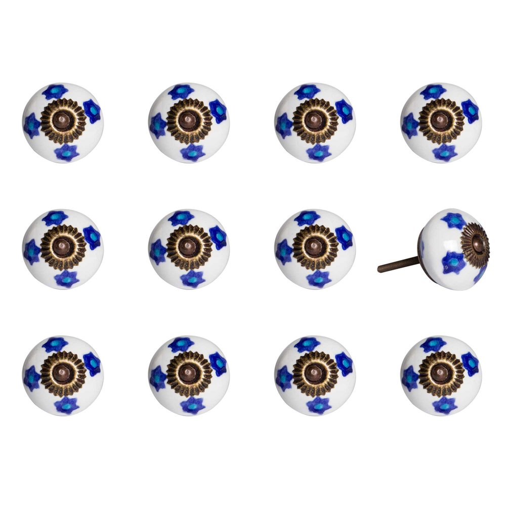 Set of Twelve Blue White And Turquoise Floral Ceramic Drawer Pull Knobs