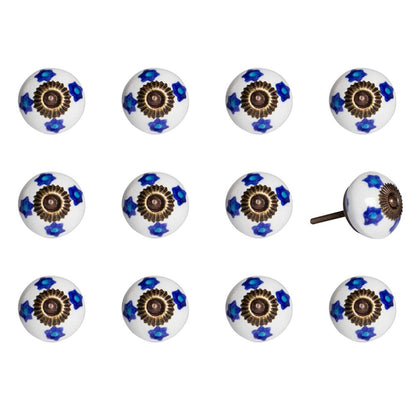 Set of Twelve Blue White And Turquoise Floral Ceramic Drawer Pull Knobs